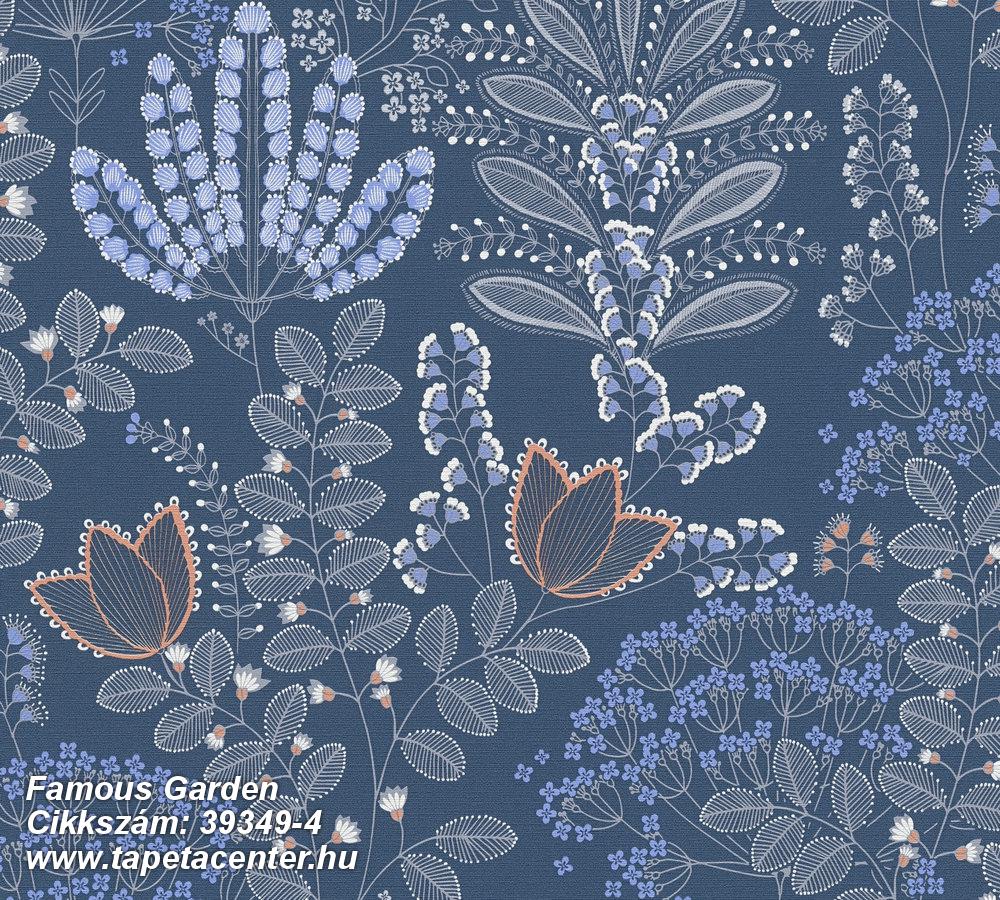 Természeti mintás,textil hatású,fehér,kék,narancs-terrakotta,szürke,súrolható,vlies tapéta 